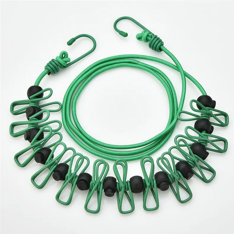 Creative Outdoor Elastic Windproof Clothesline with Positioning Clips, Korean Style Clothesline with 12 Windproof Clips