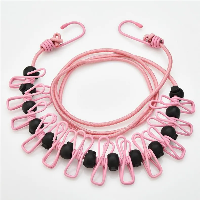 Creative Outdoor Elastic Windproof Clothesline with Positioning Clips, Korean Style Clothesline with 12 Windproof Clips
