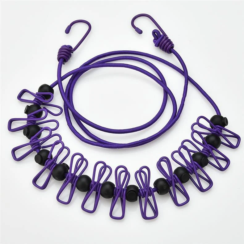 Creative Outdoor Elastic Windproof Clothesline with Positioning Clips, Korean Style Clothesline with 12 Windproof Clips