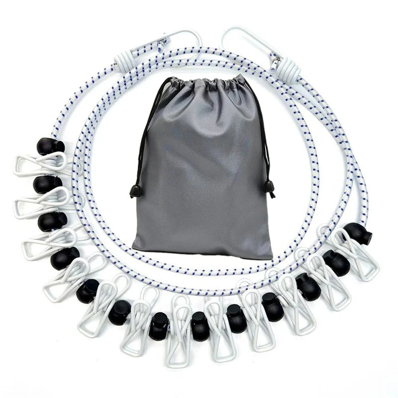 Creative Outdoor Elastic Windproof Clothesline with Positioning Clips, Korean Style Clothesline with 12 Windproof Clips