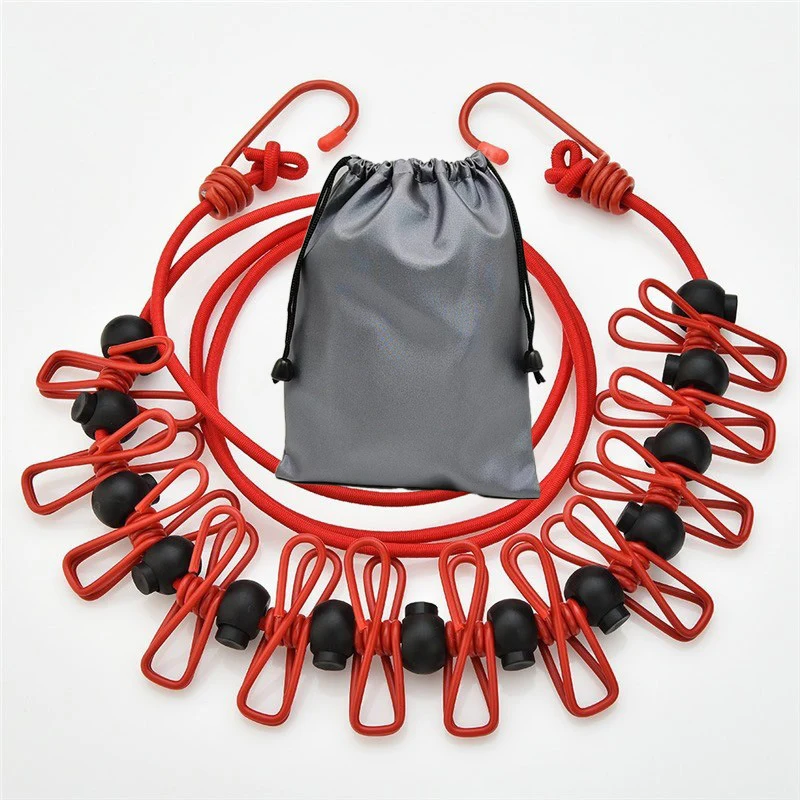 Creative Outdoor Elastic Windproof Clothesline with Positioning Clips, Korean Style Clothesline with 12 Windproof Clips