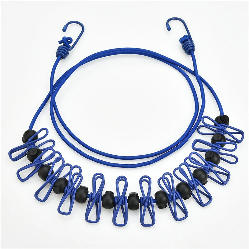 Creative Outdoor Elastic Windproof Clothesline with Positioning Clips, Korean Style Clothesline with 12 Windproof Clips