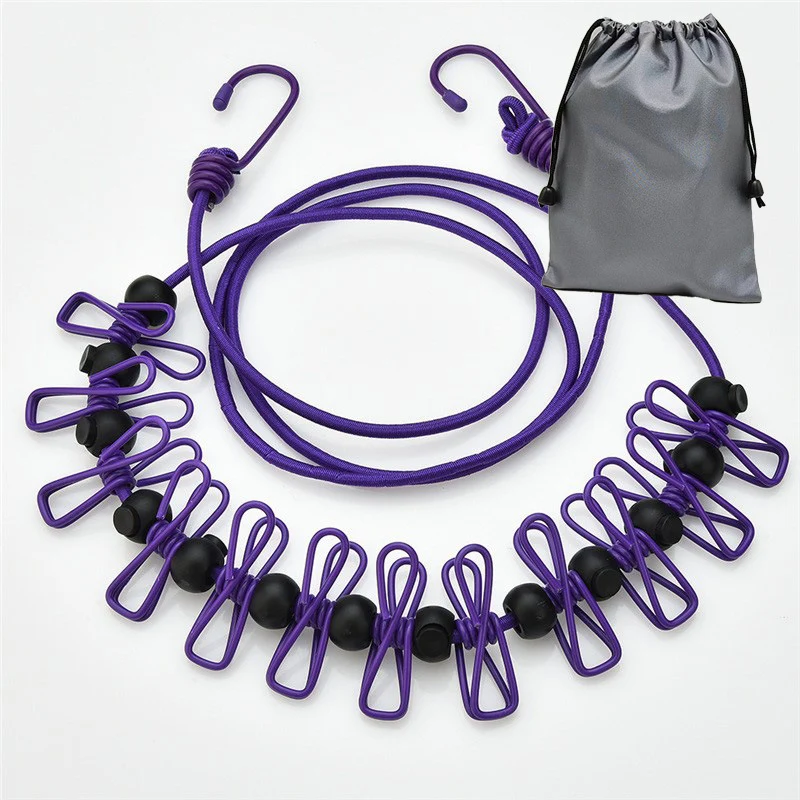 Creative Outdoor Elastic Windproof Clothesline with Positioning Clips, Korean Style Clothesline with 12 Windproof Clips
