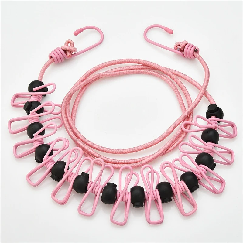 Creative Outdoor Elastic Windproof Clothesline with Positioning Clips, Korean Style Clothesline with 12 Windproof Clips