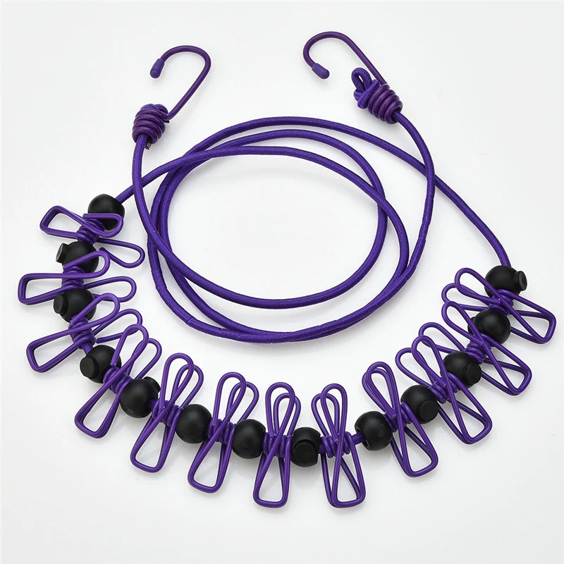 Creative Outdoor Elastic Windproof Clothesline with Positioning Clips, Korean Style Clothesline with 12 Windproof Clips