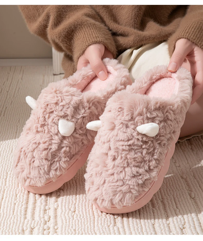 Winter Cotton Slippers Cute Women's Ears Men's Couple Home Indoor Warm Confinement Shoes Non-Slip Plush Plush Slippers