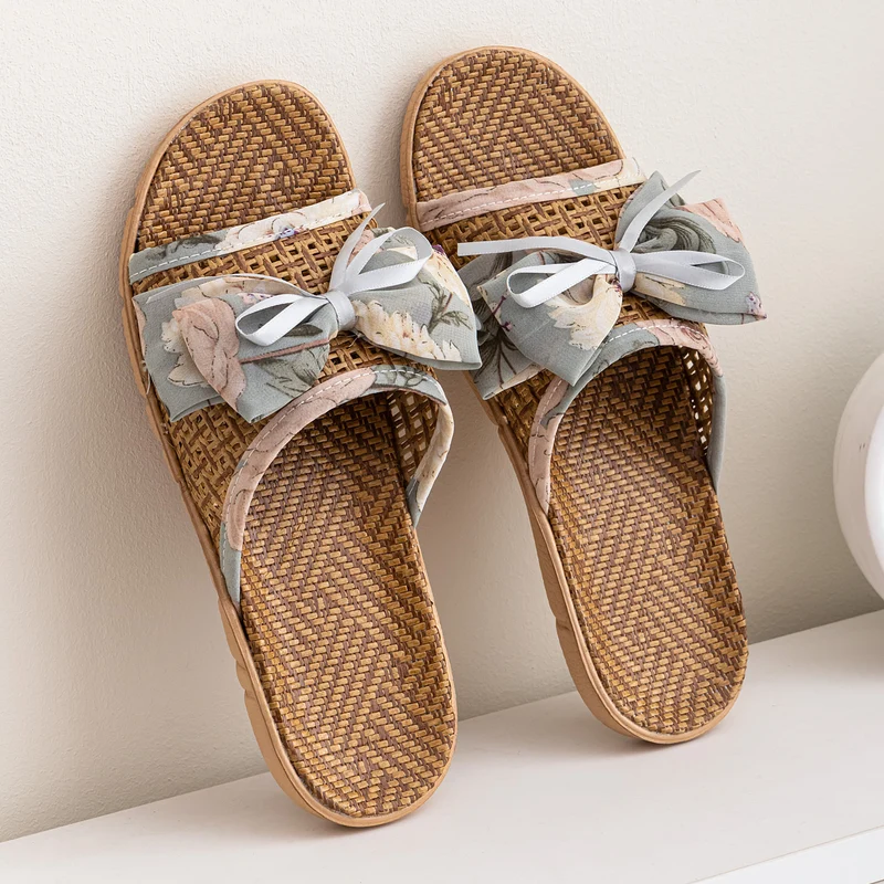 New Summer Rattan Mat Home Mat Slippers Bow Home Indoor Cool Bamboo Fish Mouth Toe Shoes Non-Slip
