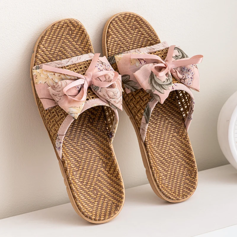 New Summer Rattan Mat Home Mat Slippers Bow Home Indoor Cool Bamboo Fish Mouth Toe Shoes Non-Slip