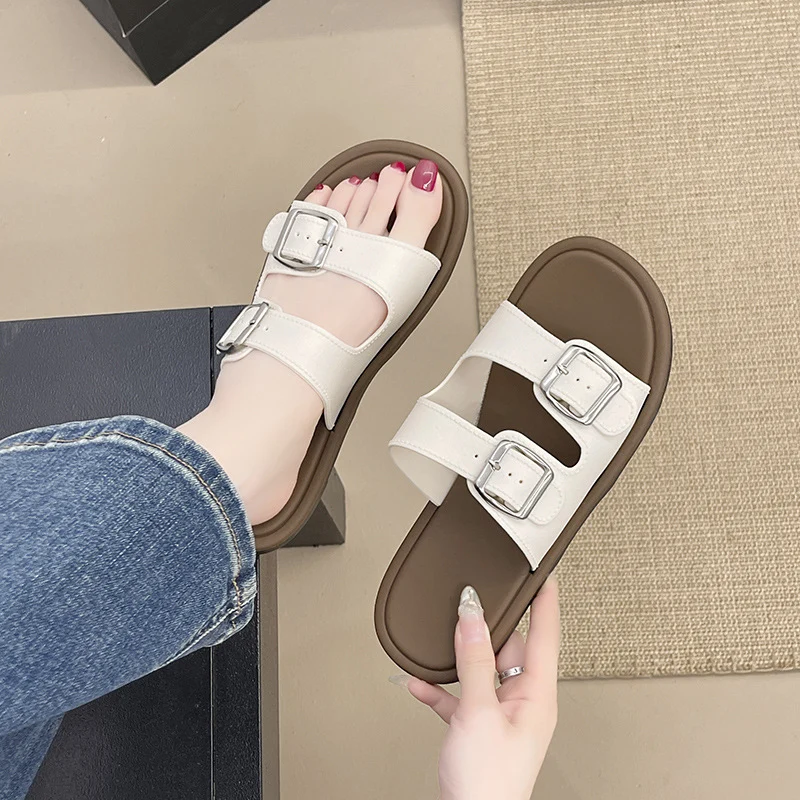 Cross-Border Slippers for Women Summer Flat-Soled Double-Strap Double-Buckle Slippers Southeast Asia New Foreign Trade Fashion Outer Wear Beach Sandals