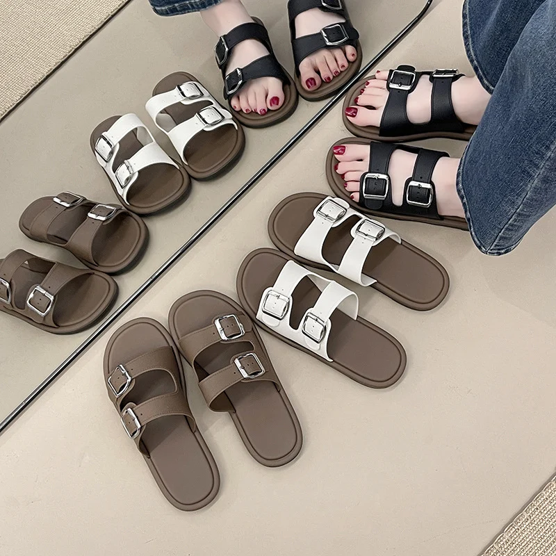 Cross-Border Slippers for Women Summer Flat-Soled Double-Strap Double-Buckle Slippers Southeast Asia New Foreign Trade Fashion Outer Wear Beach Sandals