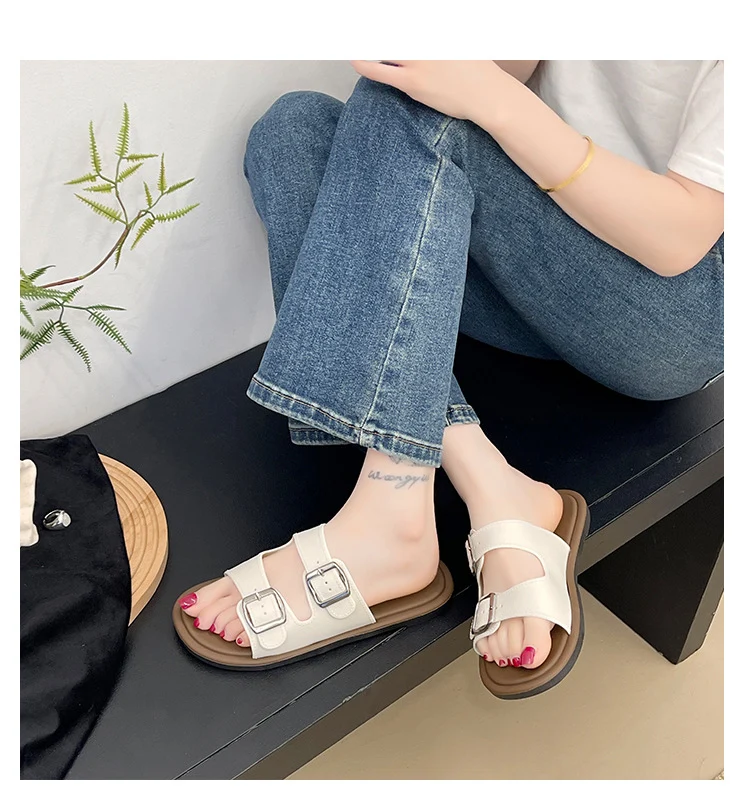 Cross-Border Slippers for Women Summer Flat-Soled Double-Strap Double-Buckle Slippers Southeast Asia New Foreign Trade Fashion Outer Wear Beach Sandals