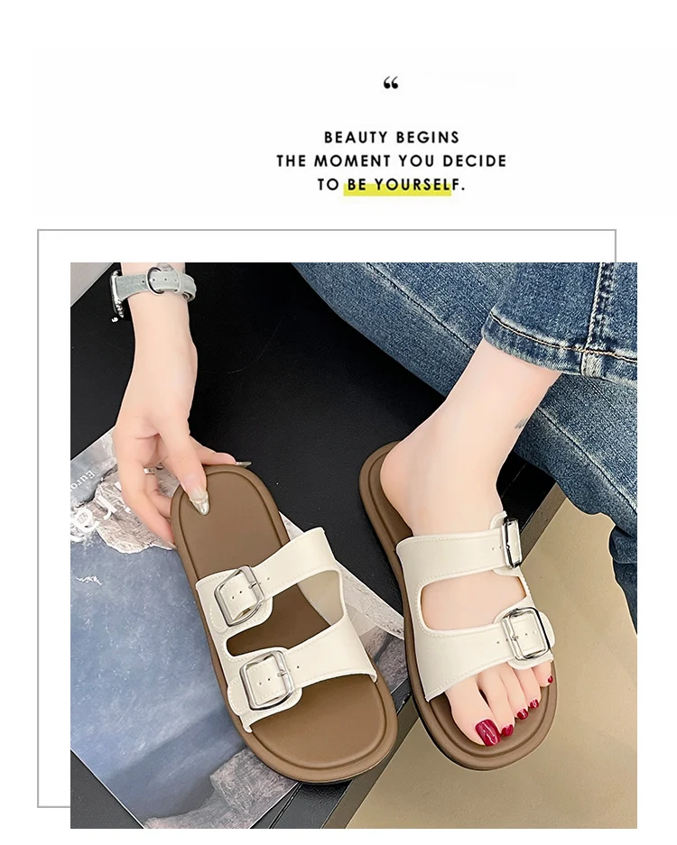 Cross-Border Slippers for Women Summer Flat-Soled Double-Strap Double-Buckle Slippers Southeast Asia New Foreign Trade Fashion Outer Wear Beach Sandals