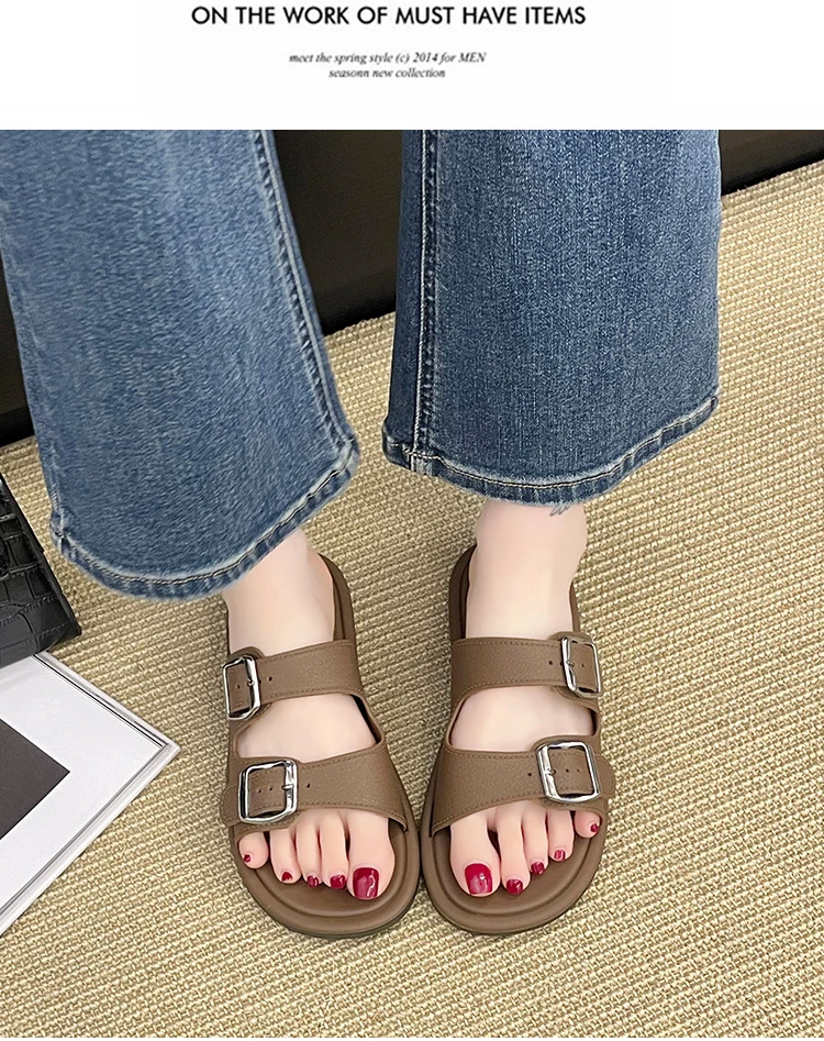 Cross-Border Slippers for Women Summer Flat-Soled Double-Strap Double-Buckle Slippers Southeast Asia New Foreign Trade Fashion Outer Wear Beach Sandals