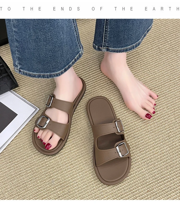 Cross-Border Slippers for Women Summer Flat-Soled Double-Strap Double-Buckle Slippers Southeast Asia New Foreign Trade Fashion Outer Wear Beach Sandals