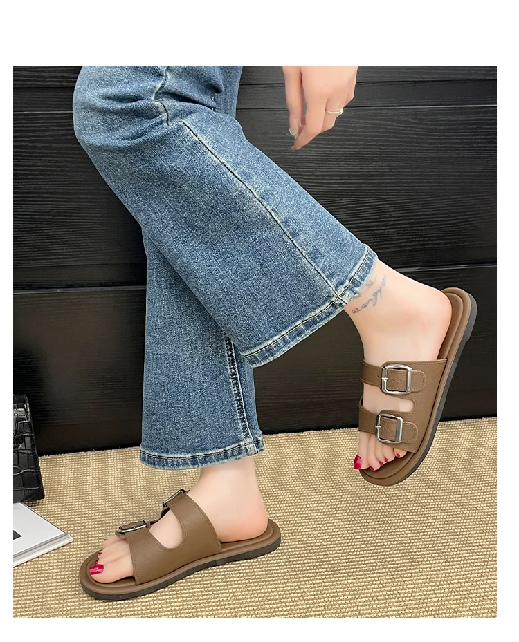 Cross-Border Slippers for Women Summer Flat-Soled Double-Strap Double-Buckle Slippers Southeast Asia New Foreign Trade Fashion Outer Wear Beach Sandals