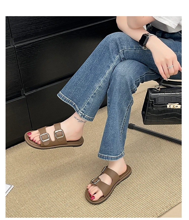 Cross-Border Slippers for Women Summer Flat-Soled Double-Strap Double-Buckle Slippers Southeast Asia New Foreign Trade Fashion Outer Wear Beach Sandals