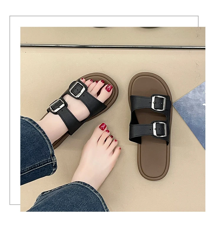 Cross-Border Slippers for Women Summer Flat-Soled Double-Strap Double-Buckle Slippers Southeast Asia New Foreign Trade Fashion Outer Wear Beach Sandals