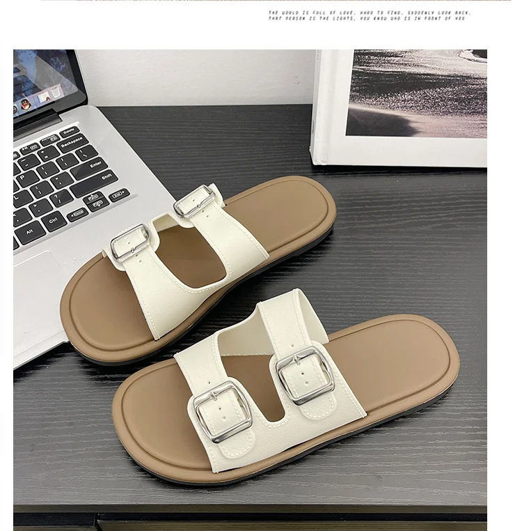 Cross-Border Slippers for Women Summer Flat-Soled Double-Strap Double-Buckle Slippers Southeast Asia New Foreign Trade Fashion Outer Wear Beach Sandals