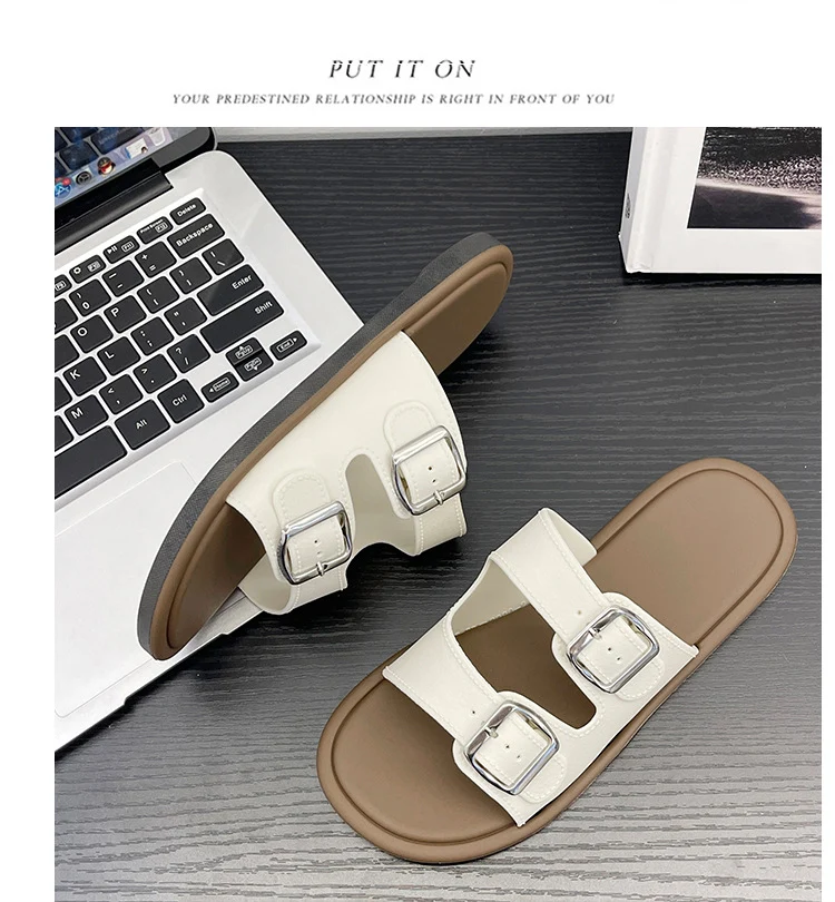 Cross-Border Slippers for Women Summer Flat-Soled Double-Strap Double-Buckle Slippers Southeast Asia New Foreign Trade Fashion Outer Wear Beach Sandals