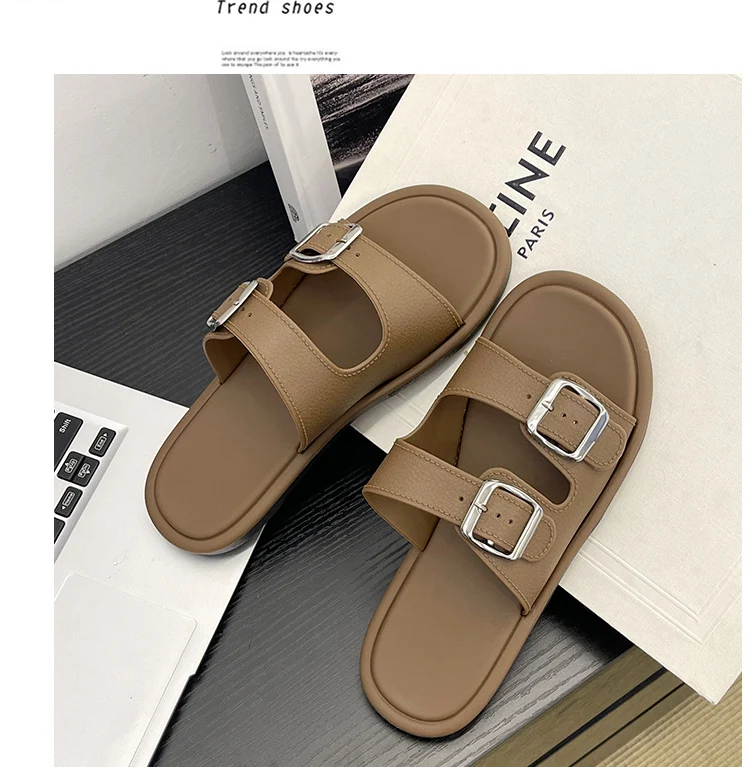 Cross-Border Slippers for Women Summer Flat-Soled Double-Strap Double-Buckle Slippers Southeast Asia New Foreign Trade Fashion Outer Wear Beach Sandals
