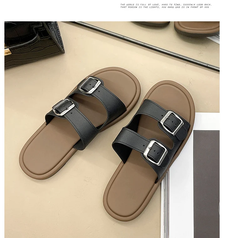 Cross-Border Slippers for Women Summer Flat-Soled Double-Strap Double-Buckle Slippers Southeast Asia New Foreign Trade Fashion Outer Wear Beach Sandals