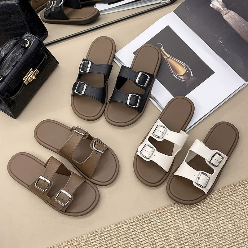 Cross-Border Slippers for Women Summer Flat Slippers Southeast Asia New Double Buckle Foreign Trade Fashion Outer Wear Beach Sandals