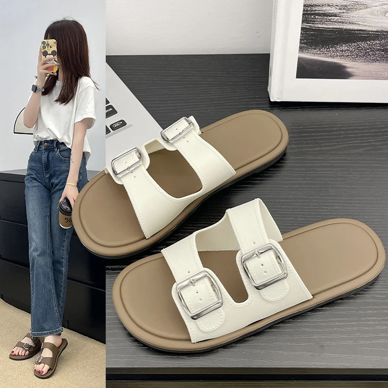 Cross-Border Slippers for Women Summer Flat Slippers Southeast Asia New Double Buckle Foreign Trade Fashion Outer Wear Beach Sandals