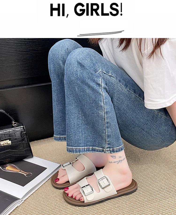 Cross-Border Slippers for Women Summer Flat Slippers Southeast Asia New Double Buckle Foreign Trade Fashion Outer Wear Beach Sandals