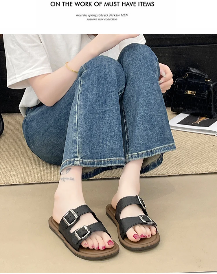 Cross-Border Slippers for Women Summer Flat Slippers Southeast Asia New Double Buckle Foreign Trade Fashion Outer Wear Beach Sandals