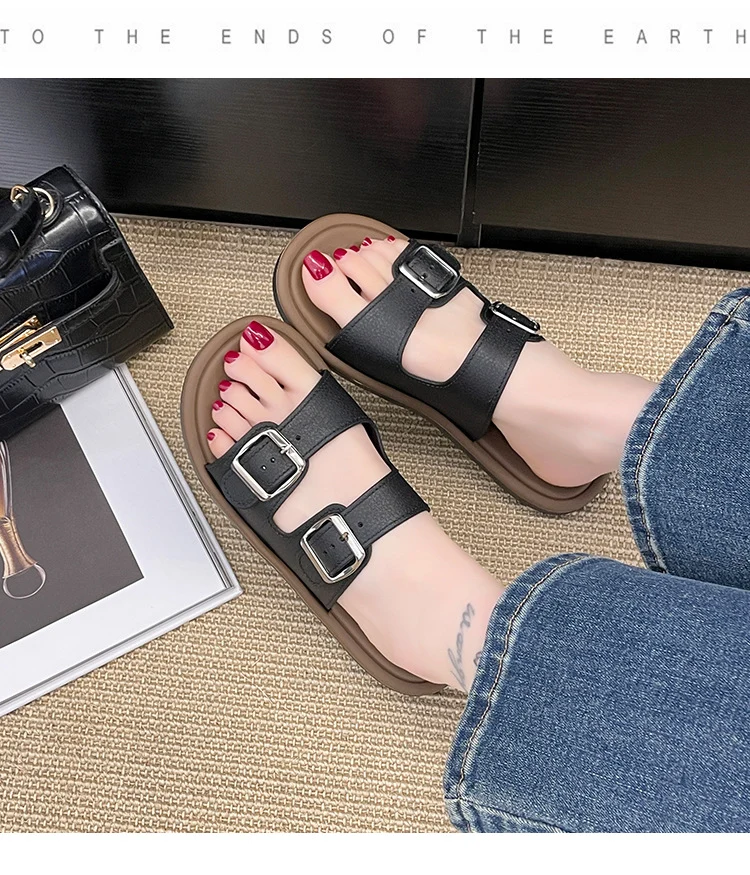 Cross-Border Slippers for Women Summer Flat Slippers Southeast Asia New Double Buckle Foreign Trade Fashion Outer Wear Beach Sandals