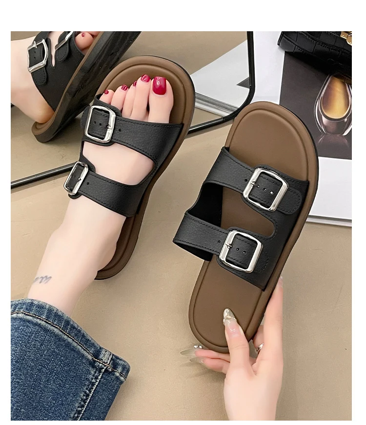Cross-Border Slippers for Women Summer Flat Slippers Southeast Asia New Double Buckle Foreign Trade Fashion Outer Wear Beach Sandals