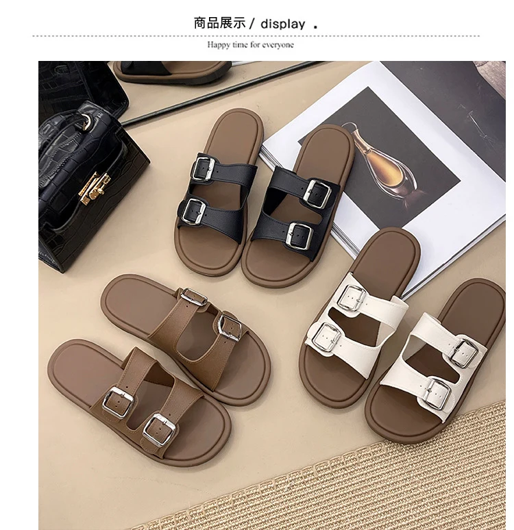 Cross-Border Slippers for Women Summer Flat Slippers Southeast Asia New Double Buckle Foreign Trade Fashion Outer Wear Beach Sandals