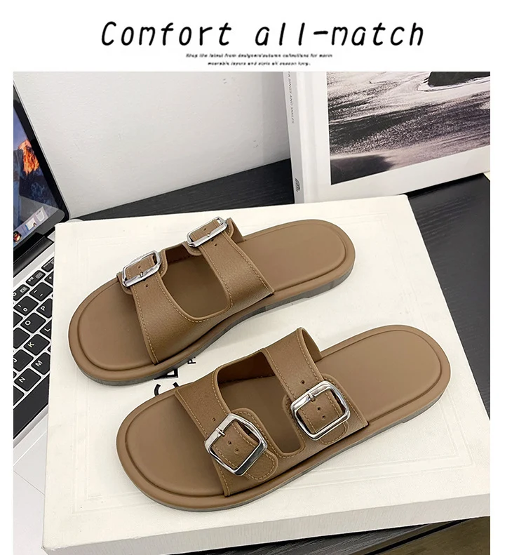 Cross-Border Slippers for Women Summer Flat Slippers Southeast Asia New Double Buckle Foreign Trade Fashion Outer Wear Beach Sandals