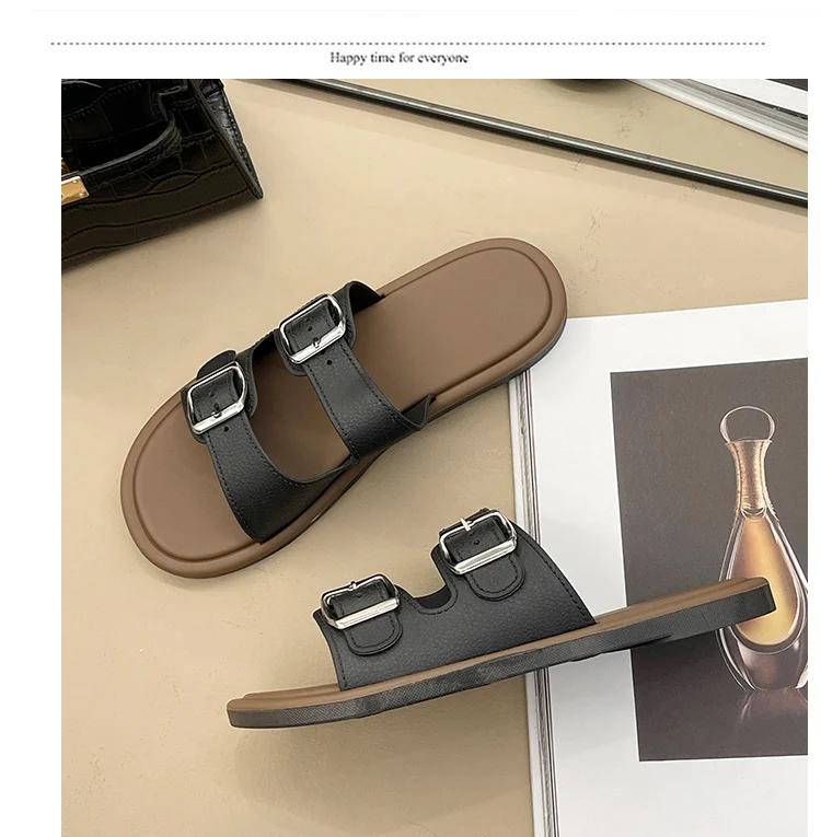Cross-Border Slippers for Women Summer Flat Slippers Southeast Asia New Double Buckle Foreign Trade Fashion Outer Wear Beach Sandals