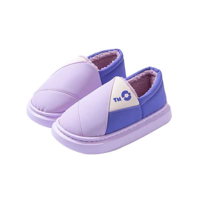 New Leather Waterproof Cotton Slippers for Women in Winter Indoor Thick-Soled Warm Home Fleece-Lined Bag and Couple Wool Slippers for Men
