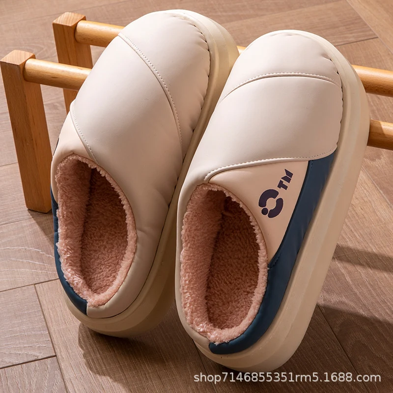 New Leather Waterproof Cotton Slippers for Women in Winter Indoor Thick-Soled Warm Home Fleece-Lined Bag and Couple Wool Slippers for Men