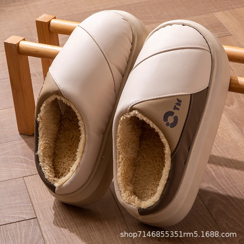 New Leather Waterproof Cotton Slippers for Women in Winter Indoor Thick-Soled Warm Home Fleece-Lined Bag and Couple Wool Slippers for Men