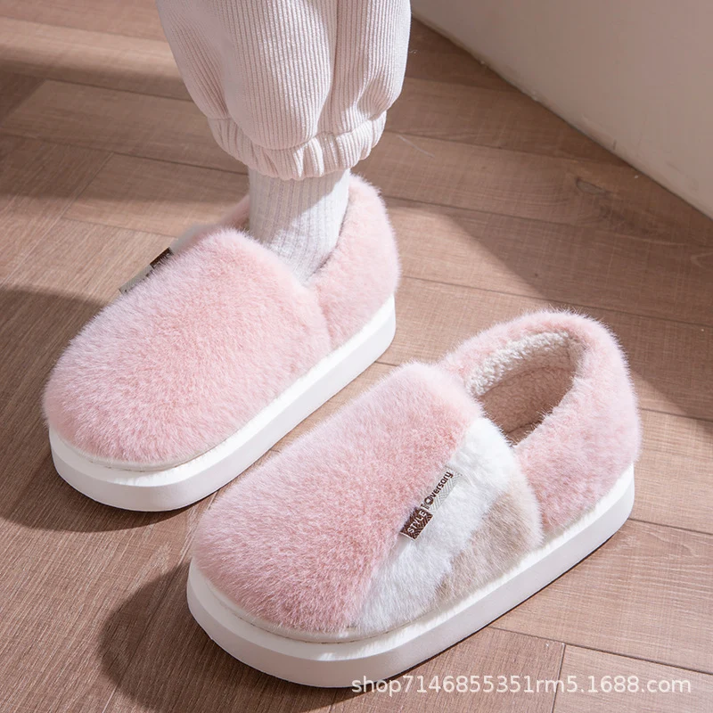 Cotton Slippers Winter Men's Thick-Soled Eva Silent Anti-Slip Home Fleece-Lined Thickeneded Warm Cross-Border Furry Slippers with Heels