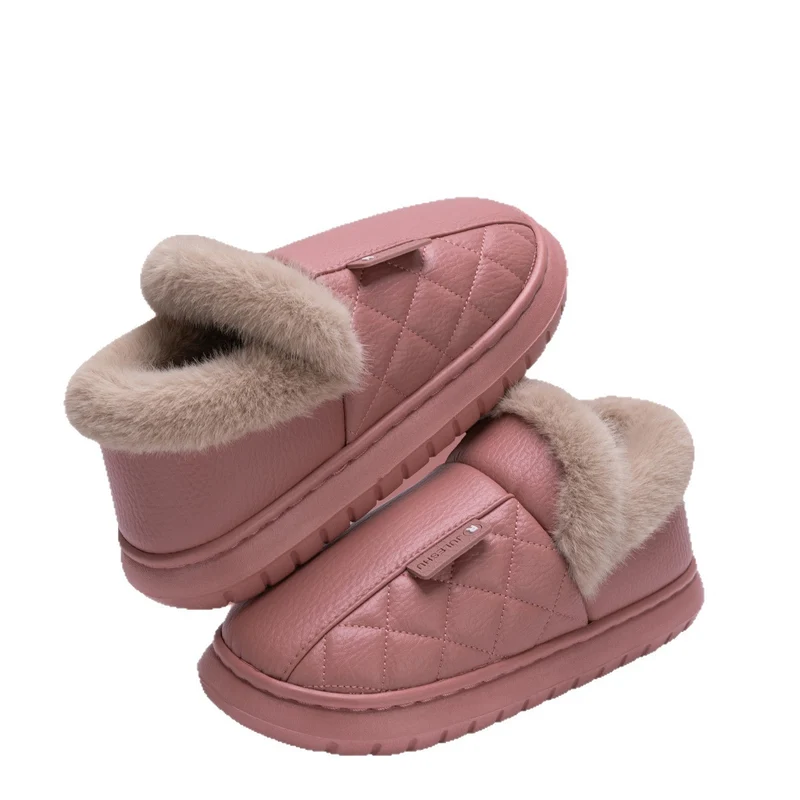 Waterproof Cotton Slippers for Women, Autumn and Winter 2026 New Model, Home Warm Indoor Shoes with Thick Soles, Non-Slip Leather Surface Cotton Shoes for Elderly Men