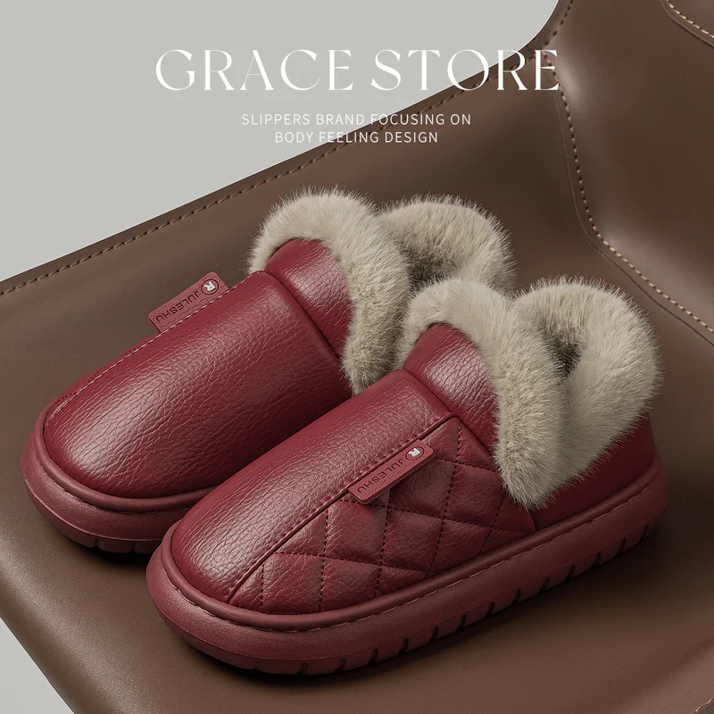 Waterproof Cotton Slippers for Women, Autumn and Winter 2026 New Model, Home Warm Indoor Shoes with Thick Soles, Non-Slip Leather Surface Cotton Shoes for Elderly Men