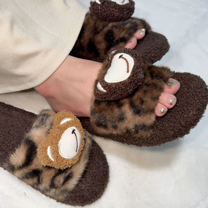 2025 Autumn and Winter New Leopard Print Warm Fur Slippers, One-Line Outer Wear Cotton Slippers, Home Slippers, Fashionable Outer Wear Slippers for Women