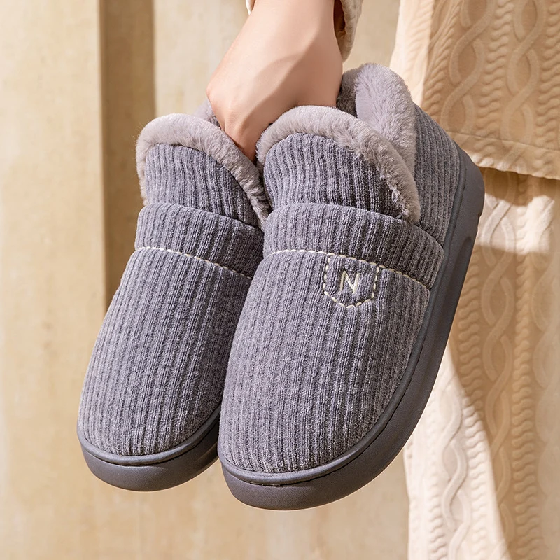 Letuo's New Winter Bag-Heeled Cotton Shoes for Women, Home Indoor and Outdoor Thick-Soled Non-Slip Soft-Soled Couple's Furry Shoes for Men