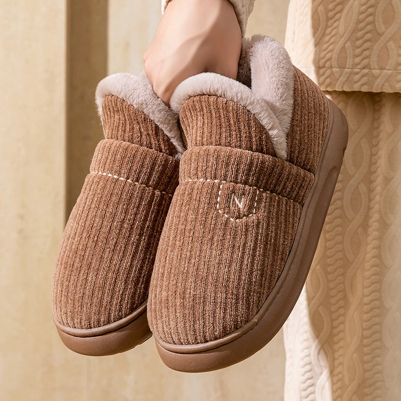 Letuo's New Winter Bag-Heeled Cotton Shoes for Women, Home Indoor and Outdoor Thick-Soled Non-Slip Soft-Soled Couple's Furry Shoes for Men