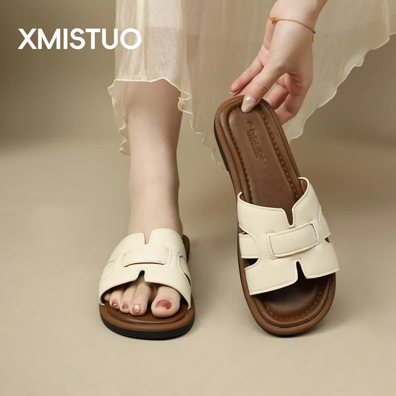2025 New French Retro Leather Slippers Niche Casual Flat Versatile Slip-On Sandals for Women