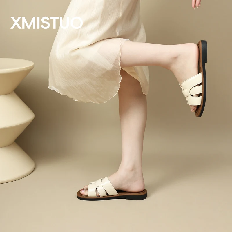 2025 New French Retro Leather Slippers Niche Casual Flat Versatile Slip-On Sandals for Women