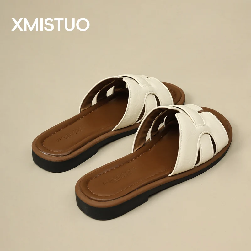 2025 New French Retro Leather Slippers Niche Casual Flat Versatile Slip-On Sandals for Women