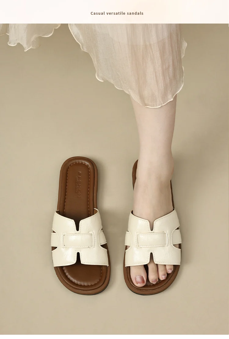 2025 New French Retro Leather Slippers Niche Casual Flat Versatile Slip-On Sandals for Women