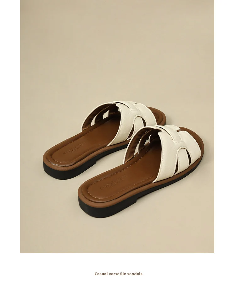 2025 New French Retro Leather Slippers Niche Casual Flat Versatile Slip-On Sandals for Women