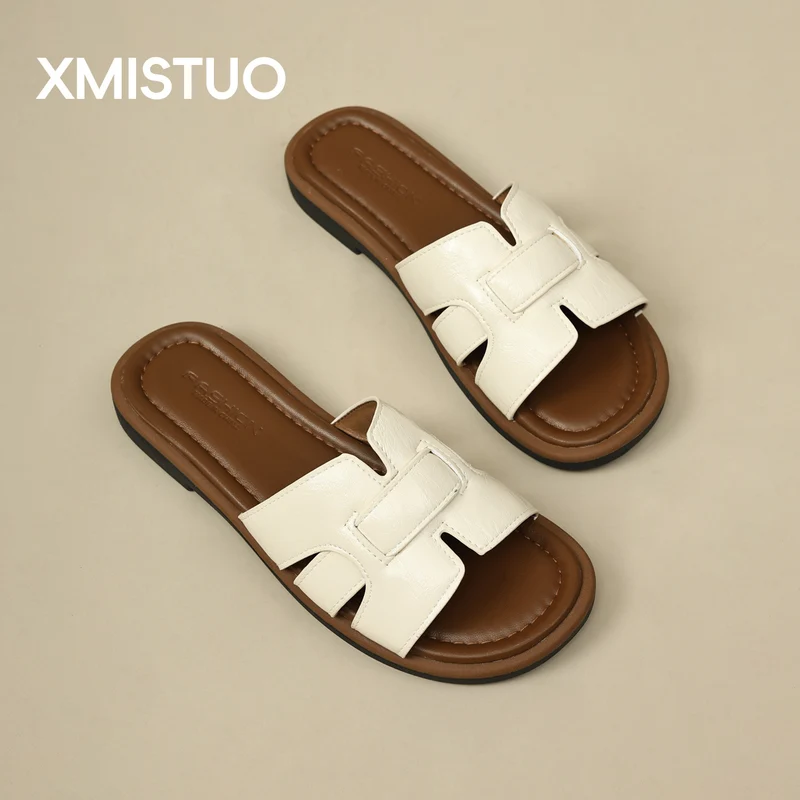 2025 New French Retro Leather Slippers Niche Casual Flat Versatile Slip-On Sandals for Women