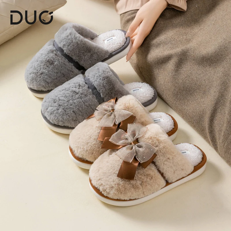 Bow Plush Cotton Slippers for Women Autumn and Winter 2025 New Warm Indoor Home Soft Sole Anti-Slip Confinement Slippers